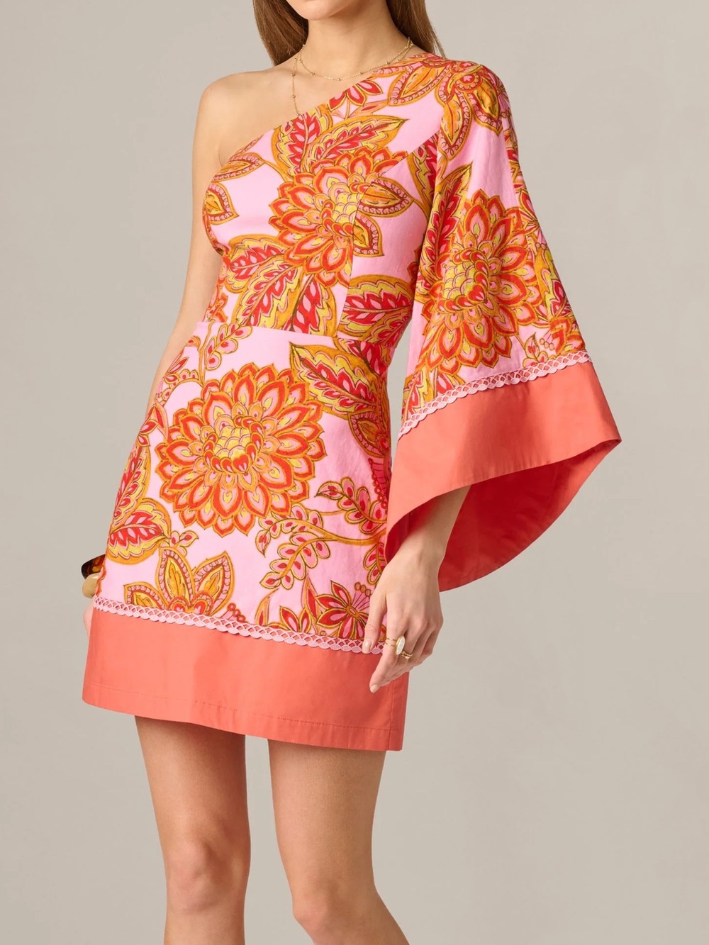 Adrianna Papell Pink One-Shoulder Floral Mini Dress with Coral Trim size 8